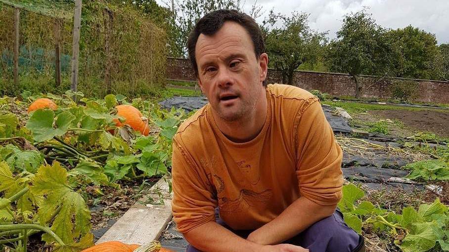 A man wearing an orange top, kneeling in a pumpkin patch on an allotment