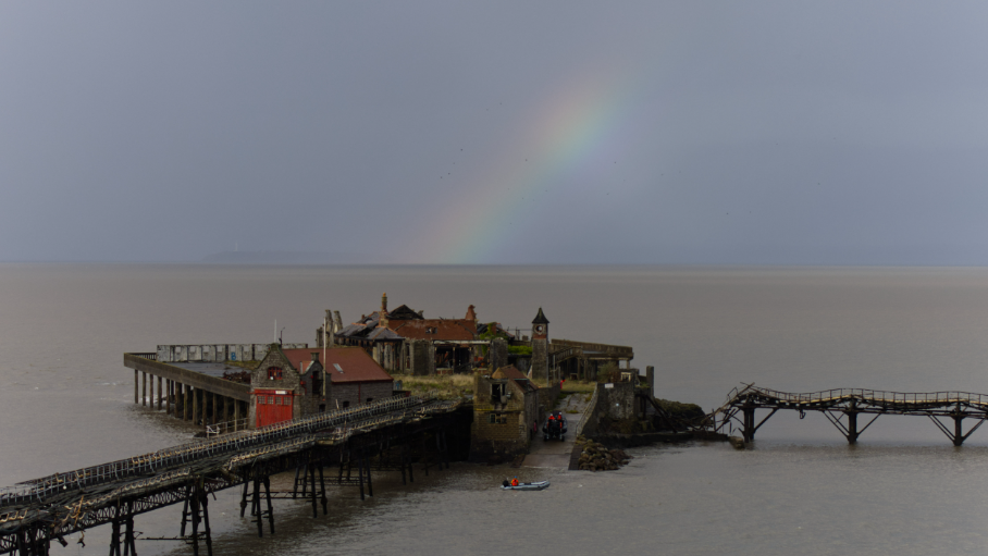 A rainbow shines over Birnbeck Island 