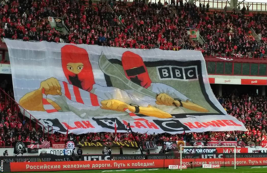 Spartak fans hold banner reading BBC - Blah Blah Channel