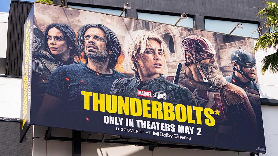 Thunderbolts advertising hoarding in the US featuring Florence Pugh in the centre