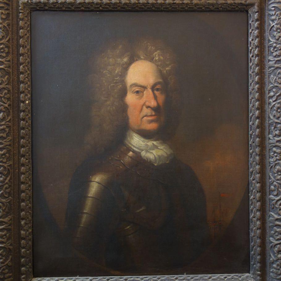 Captain James Moodie, old painting of man in armour with long hair or wig.