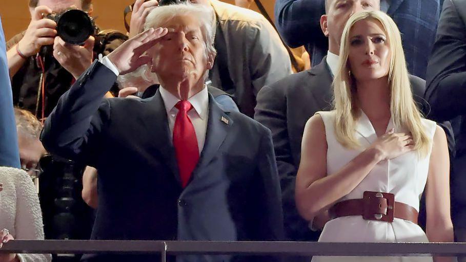 President Donald Trump and Ivanka Trump stand for the National Anthem during the Super Bowl LIX Pregame at Caesars Superdome on 09February, 2025 in New Orleans, Louisiana