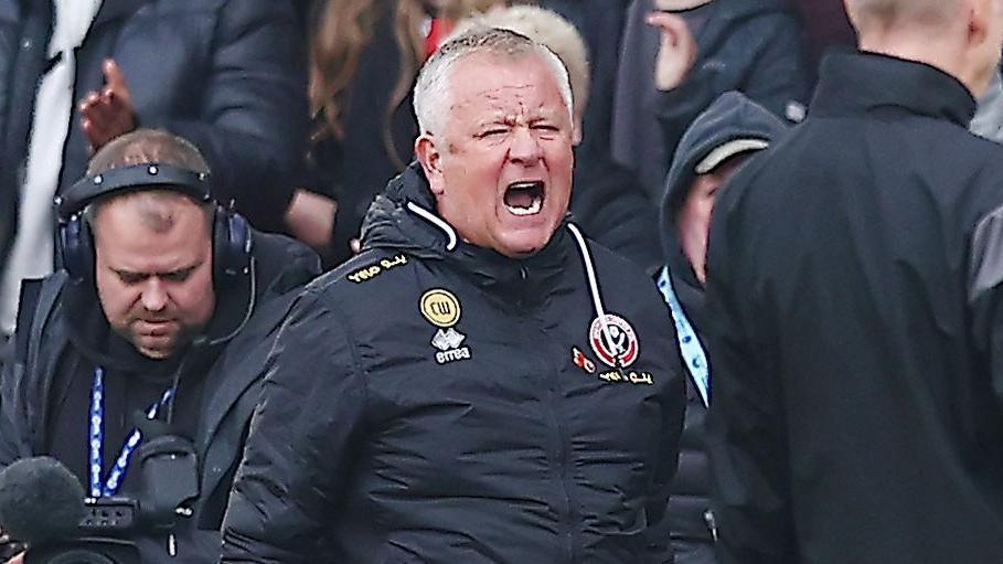 Sheffield United manager Chris Wilder shouts in celebration after his team beat Sheffield Wednesday in November