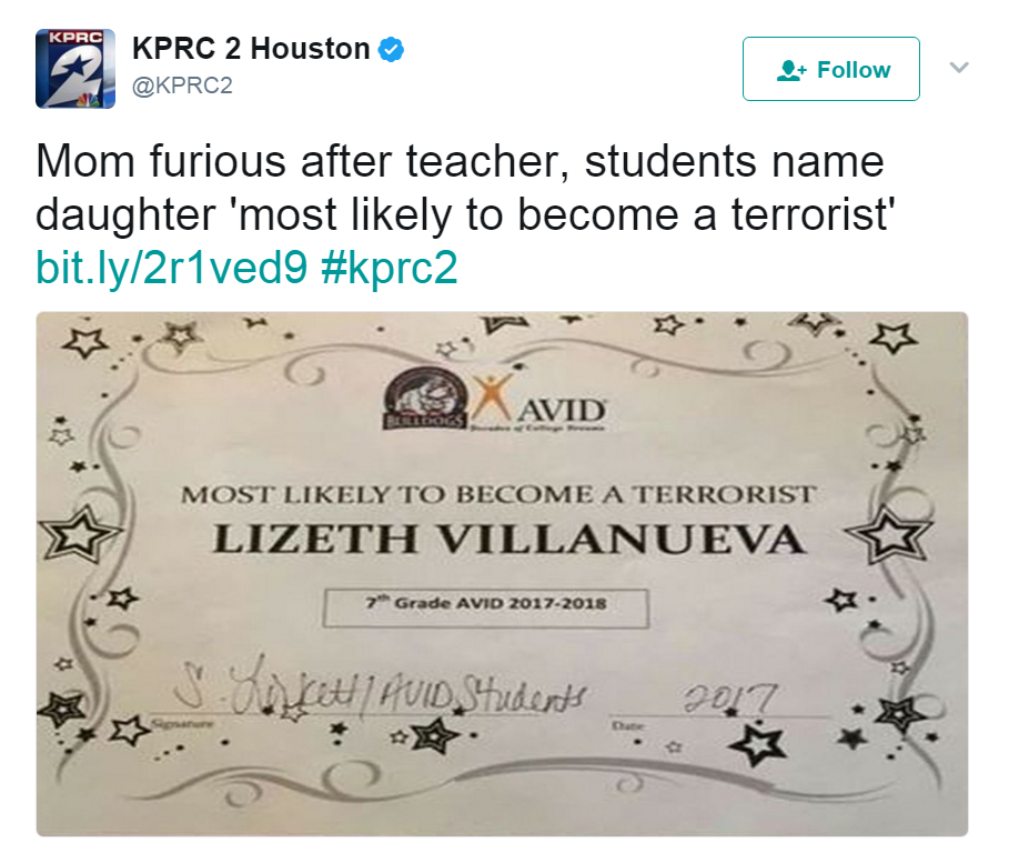 Tweet from @KPRC2: 'Mom furious after teacher, students name daughter 'most likely to become a terrorist'