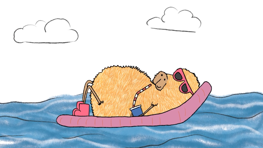 A scene from an animated cartoon. An orange capybara is wearing pink boots and pink sunglasses, holding a blue cup and sipping from a red and white straw. She is reclined on a pink pool float, which is floating on blue water.