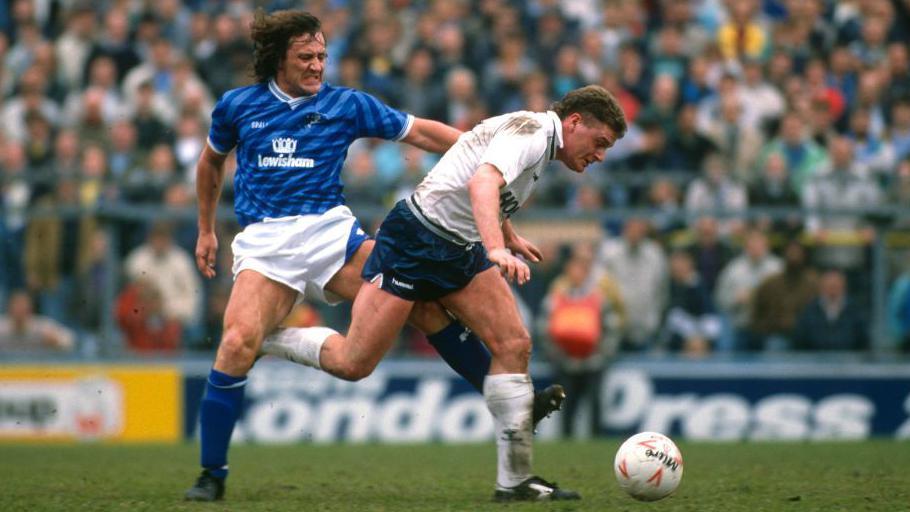 Millwall's Terry Hurlock tackles Tottenham' s Paul Gascoigne during the 1988-89 season, when the Lions finished 10th in the top-flight - one place above Manchester United