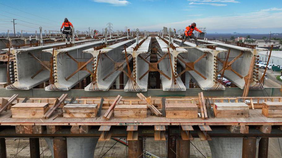 Workers building a viaduct for the California High Speed Rail line