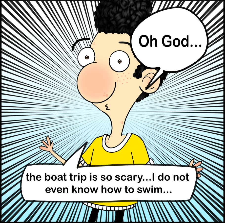 Cartoon of Ali Dorani saying he is scared because he doesn't know how to swim