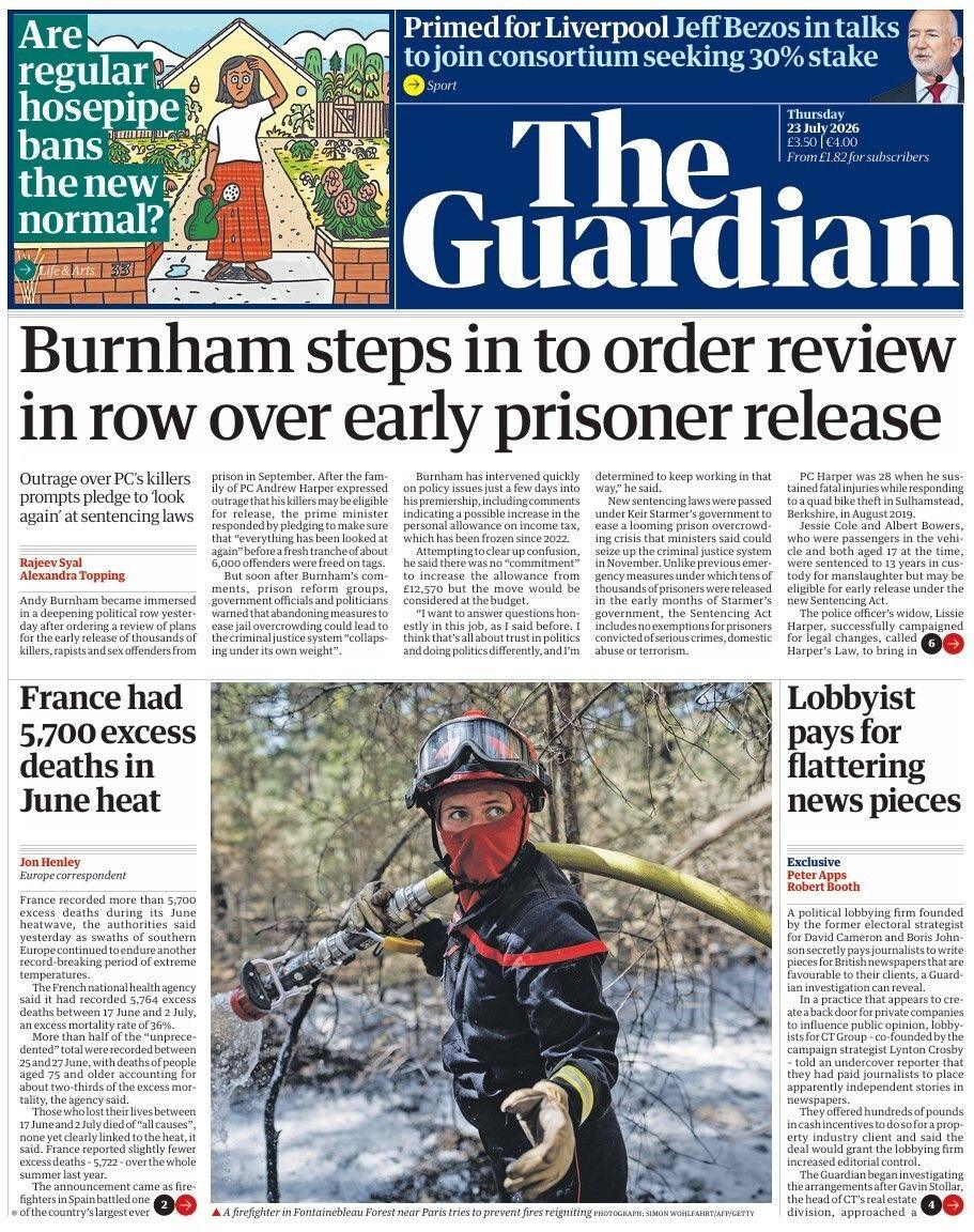 PC Andrew Harper's killers may face early prison release; 'row over early prison release' and 'Gary's back of the net tax' dominate headlines