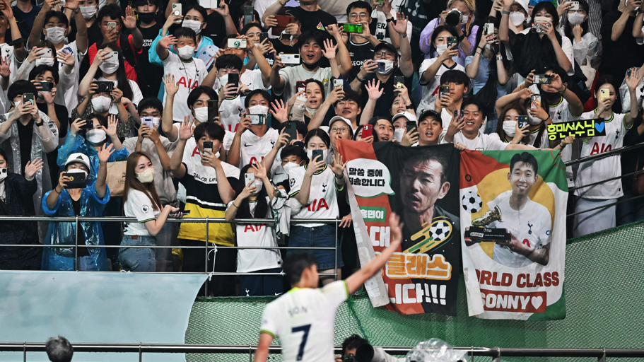 Tottenham's Son Heung-min waves to fans after an exhibition football match between Spurs and Team K League at Seoul World Cup Stadium in Seoul in July 2022