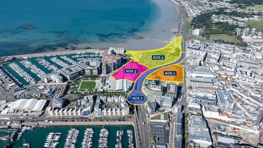 A drone image shows the St Helier waterfront, with marked zones showing where the proposed changes would take place.