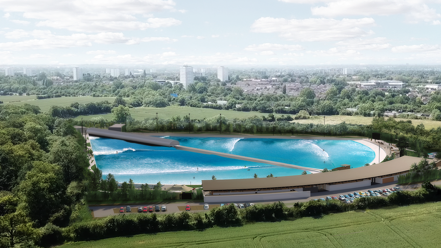 A CGI image of a large sting-ray shaped facility full of water with waves moving towards two beach-like areas 