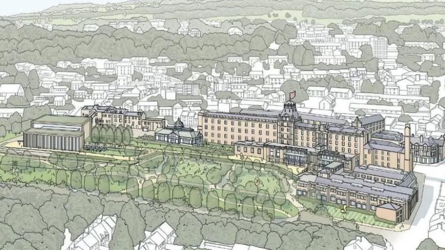 An artist's impression of an aerial view of how the project could look. The new council HQ is to the left of the picture.