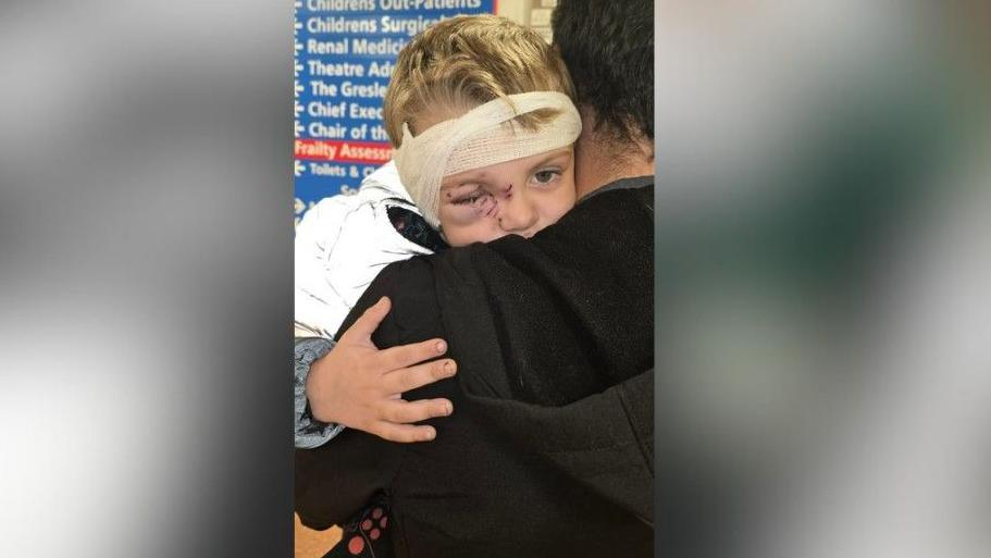 Roman in the hospital. He is clutching a man who is holding him. Roman has a bandage covering the area where he has been attacked by the dog. 