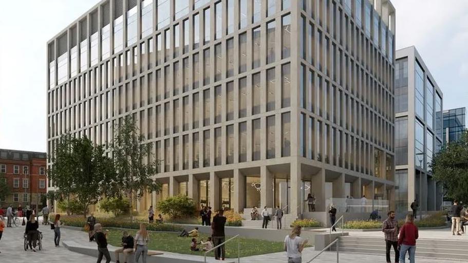 A CGI of how the office block could look. It shows a six-storey high concrete and glass building with people milling around outside