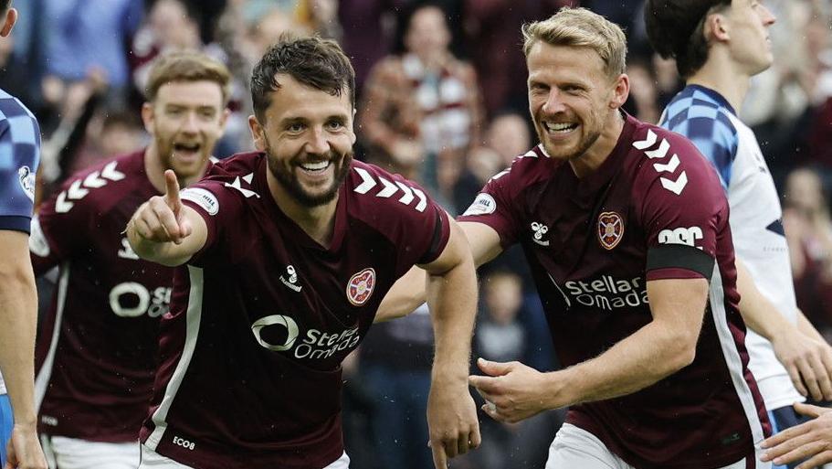 Defender Craig Halkett scored Hearts third goal against Falkirk