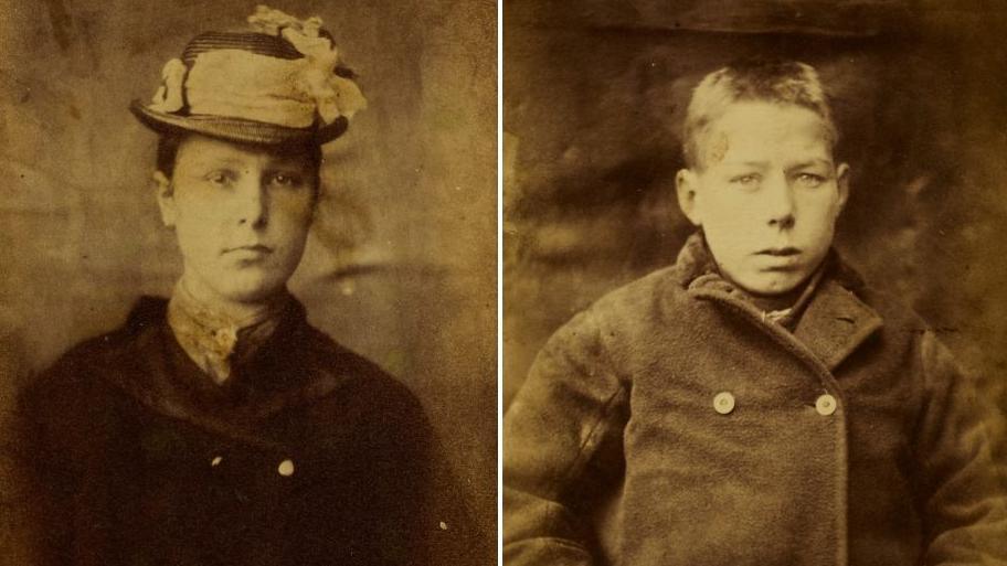 A composite image of two sepia-tinged, black-and-white, close-up photographs of individuals taken in the 1870s. On the left, a woman wearing a dark, buttoned-up coat, scarf and dark hat decorated with pale ribbon. On the right, a boy wearing a dark, buttoned-up, double-breasted coat. He has short fair hair and a pale face.