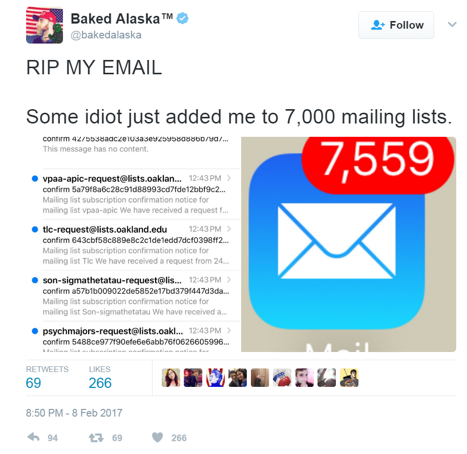 Screengrab of tweet by @bakedalaska: "RIP My Email"