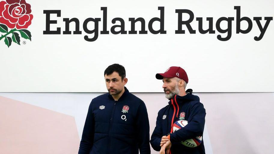 Felix Jones and Aled Walters under a banner reading England Rugby