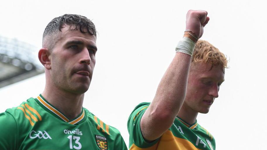 Patrick McBrearty and Oisin Gallen celebrate Donegal's win over Louth