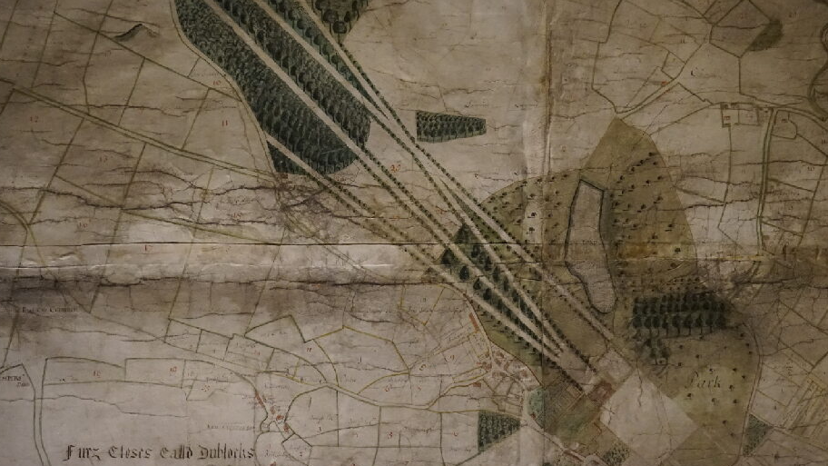 A map with lines showing avenues and a lake. 