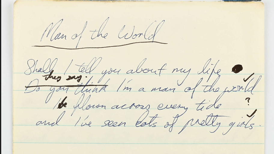 Handwritten lyrics of first four lines of Fleetwood Mac song Man of the World
