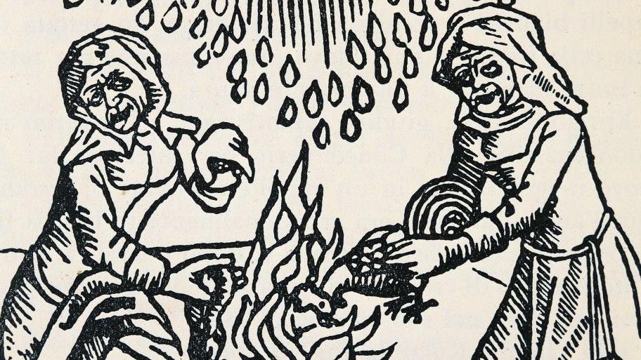 A woodcut-style late medieval print (black and white) of two older-looking woman - the supposed witches - around a fire, one about throw in a chicken, with rain coming down from the top