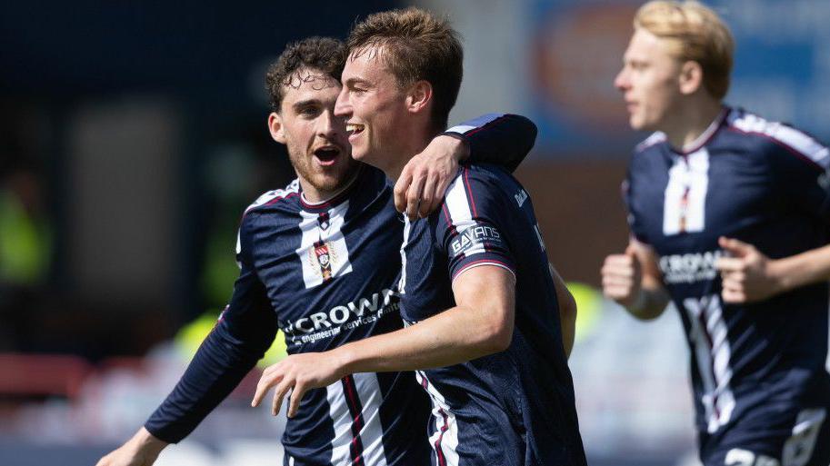Dundee's Ryan Astley celebrates after scoring to make it 3-2 during a William Hill Premiership match between Dundee and Aberdeen at the ScotFoam Stadium at Dens Park