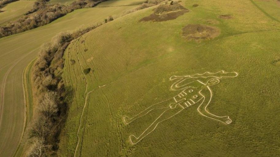 Green hill covered in grass with naked chalk figure, the Cerne Abbas Giant carved into it.