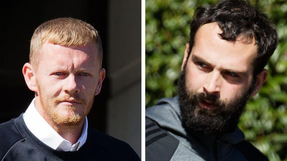 A composite image of two men outside of court. Luke on the left is looking right at the camera. He has a white collared shirt on under a black round neck top. He has short red hair and a red beard. Connor is looking to the left of the camera and is grey hoodie with black strips. He has short black hair and stubble beard,.