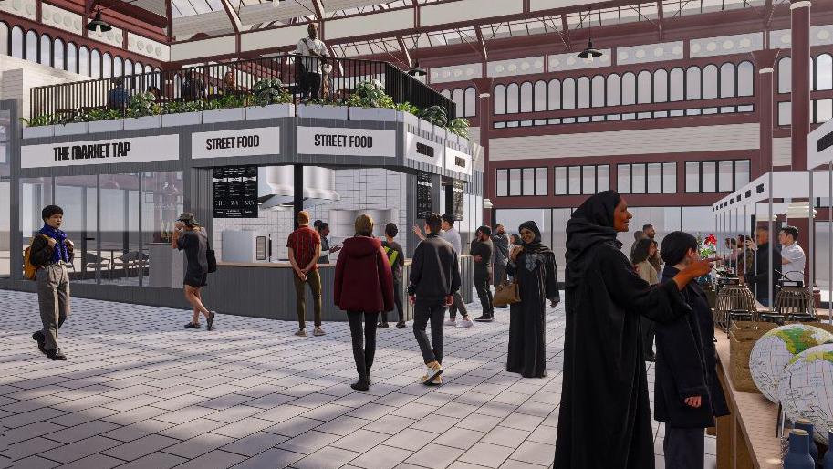 Computer-generated image of an indoor market with a street food stall, a high glass roof and people walking around the building and standing at stalls.