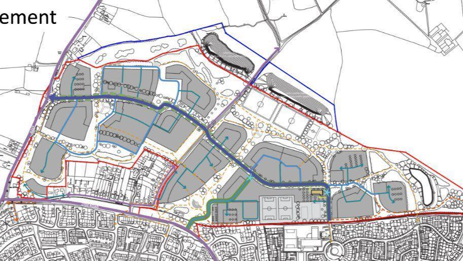 Planned Access Points To The Up Mudford Development Site In Yeovil on a map, showing where the houses would be.