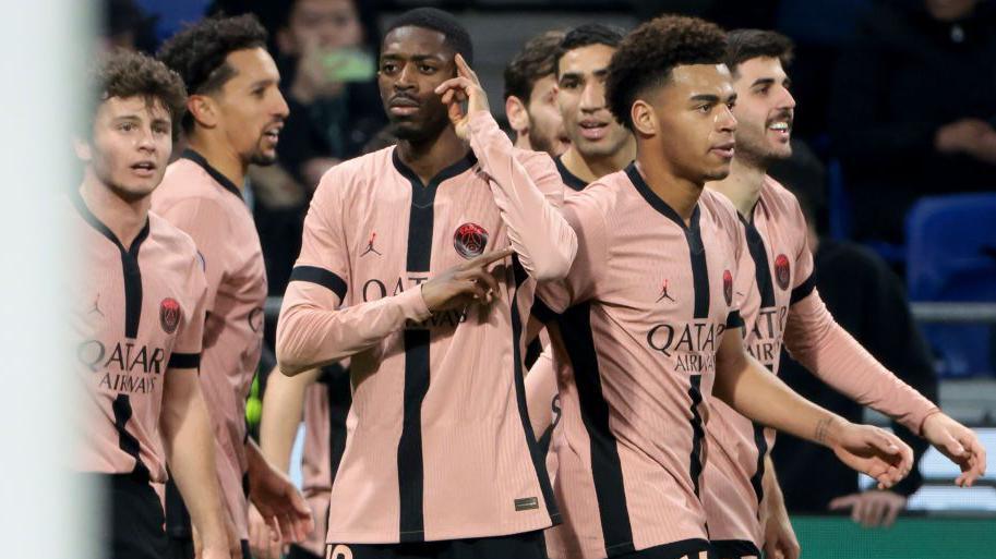 Ousmane Dembele celebrates scoring for PSG against Lyon at the weekend