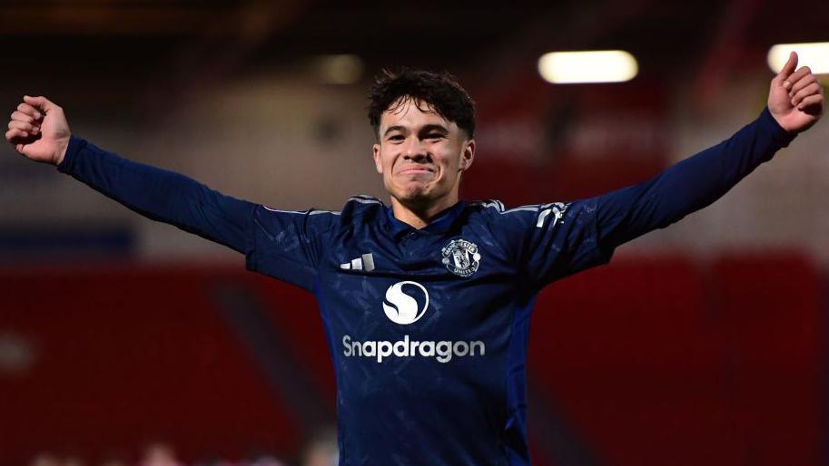 Gabriele Biancheri celebrates a goal for Manchester United Under-21s 