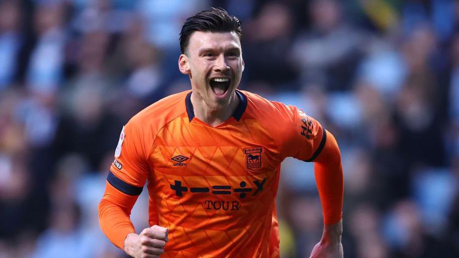 Kieffer Moore celebrates a goal for Ipswich