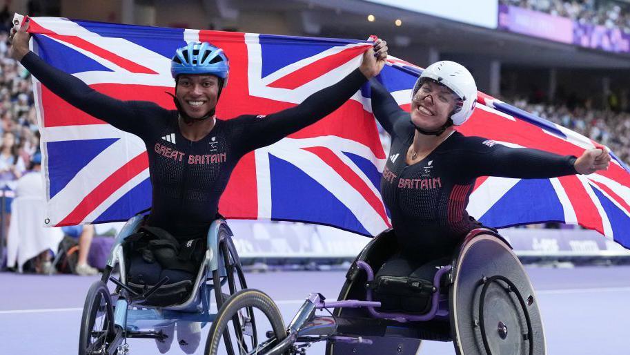 Hannah Cockroft and Kare Adenegan celebrating their British one-two in the T34 800m final