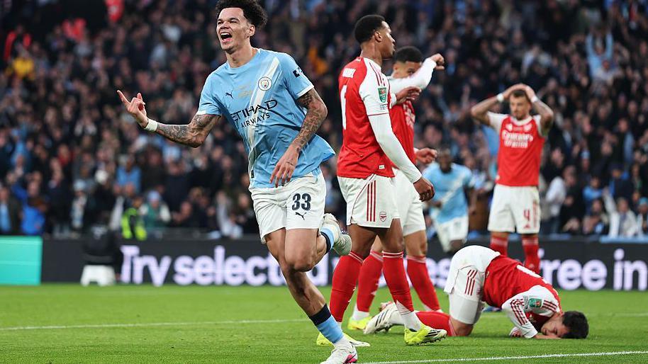 Nico O'Reilly celebrates after putting Manchester City ahead against Arsenal in The Carabao Cup Final at Wembley.