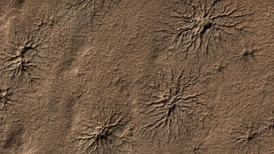 Close-up of spider-shaped features on Mars