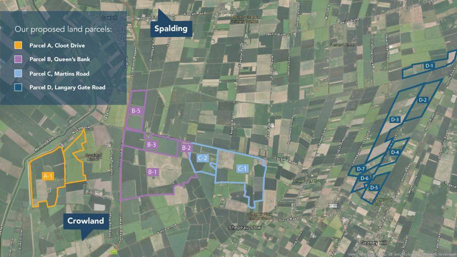 A satellite image showing land to the south of Spalding and north of Crowland. Superimposed on the map are the outlines of four parcels of land earmarked for solar panels