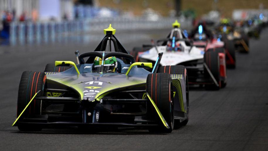 Lucas di Grassi leads a train of Formula E cars on track in Portland