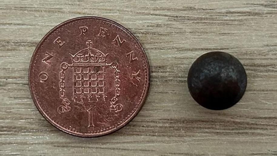 Image of a small black ball bearing lying next to a 1p coin to give a sense of scale. The ball bearing is smaller than the coin.