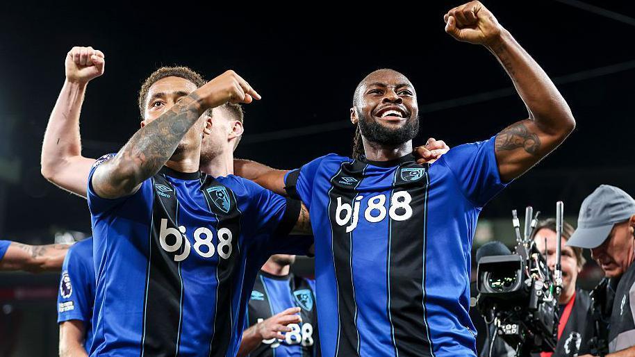 Bournemouth's Antoine Semenyo celebrates after his second goal at Anfield - after earlier reporting he had been racially abused by a member of the crowd