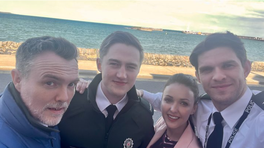 Finnian Garbutt, second left, pictured in 2023 during the filming of Hope Street with, left to right, Ciaran McMenamin Karen Hassan and Niall Wright