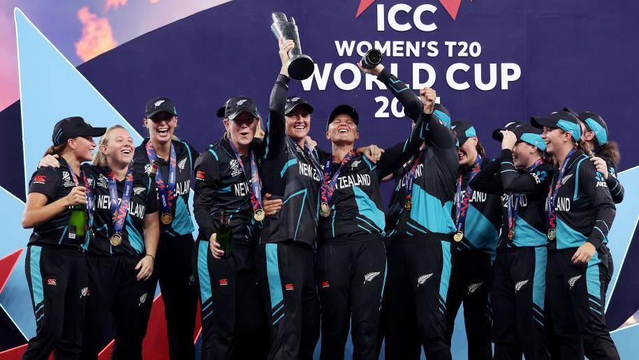 New Zealand's cricket team lifting the World Cup