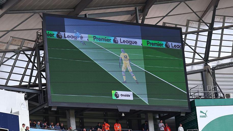 A graphic shown for a VAR decision using semi-automated offside technology during the Premier League match between Manchester City and Crystal Palace.