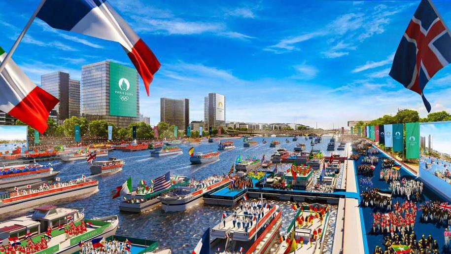 A visualisation of a parade of athletes on the River Seine during the Opening Ceremony of the Paris 2024