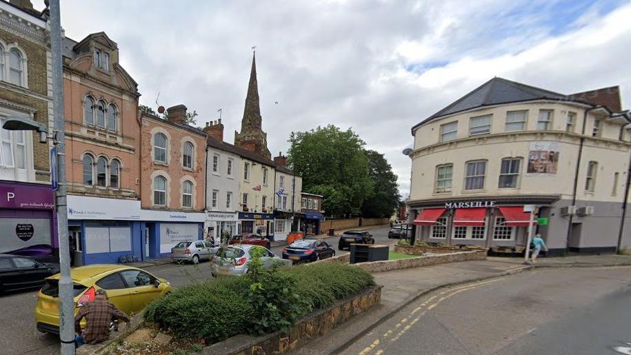 Three-storey terraced buildings with businesses on the ground floor. A bush is in the foreground.