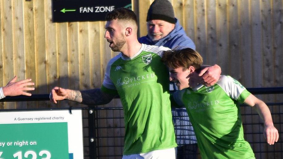 Sam Murray (left) celebrates after scoring his 13th goal in his last seven games for Guernsey FC