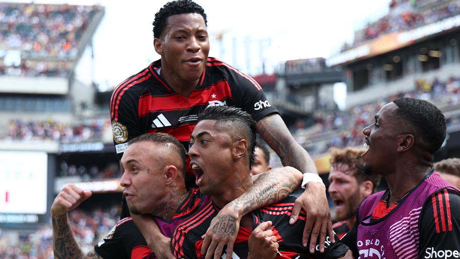 Flamengo forward Bruno Henrique (centre) celebrates with team-mates after scoring his team's first goal during the Fifa Club World Cup match with Chelsea