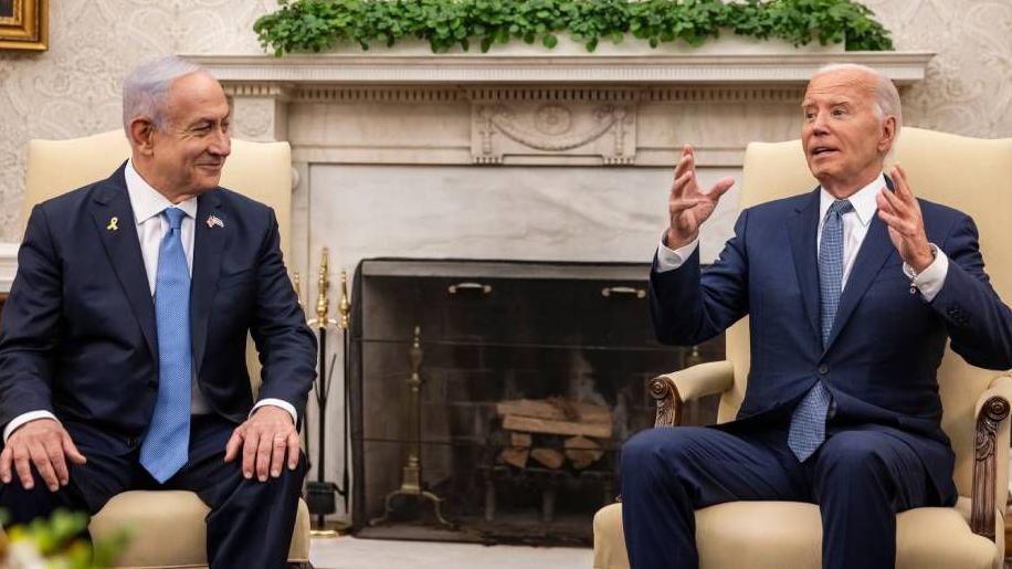 Israeli Prime Minister Benjamin Netanyahu (L) listens to US President Joe Biden during a bilateral meeting in the Oval Office at the White House, in Washington, DC, USA, 25 July 2024